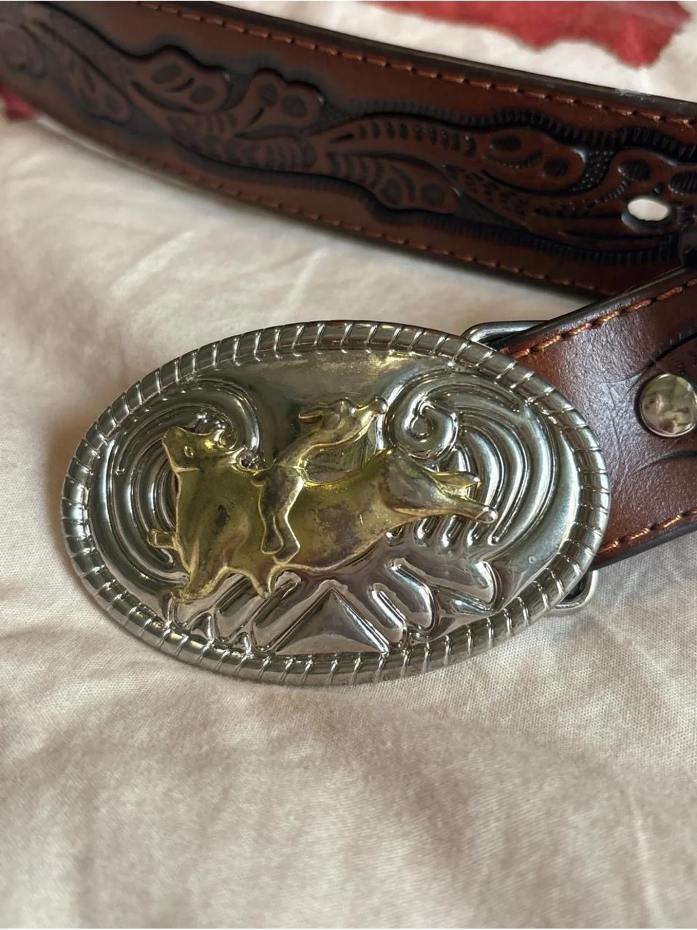 Tooled Brown Leather Western Belt with Silver/ Gold Buckle